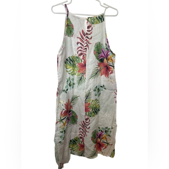 NEW NWT Lungo L’arno White 100% Linen Dress Coverup Size S Large Pockets Floral - Picture 2 of 7